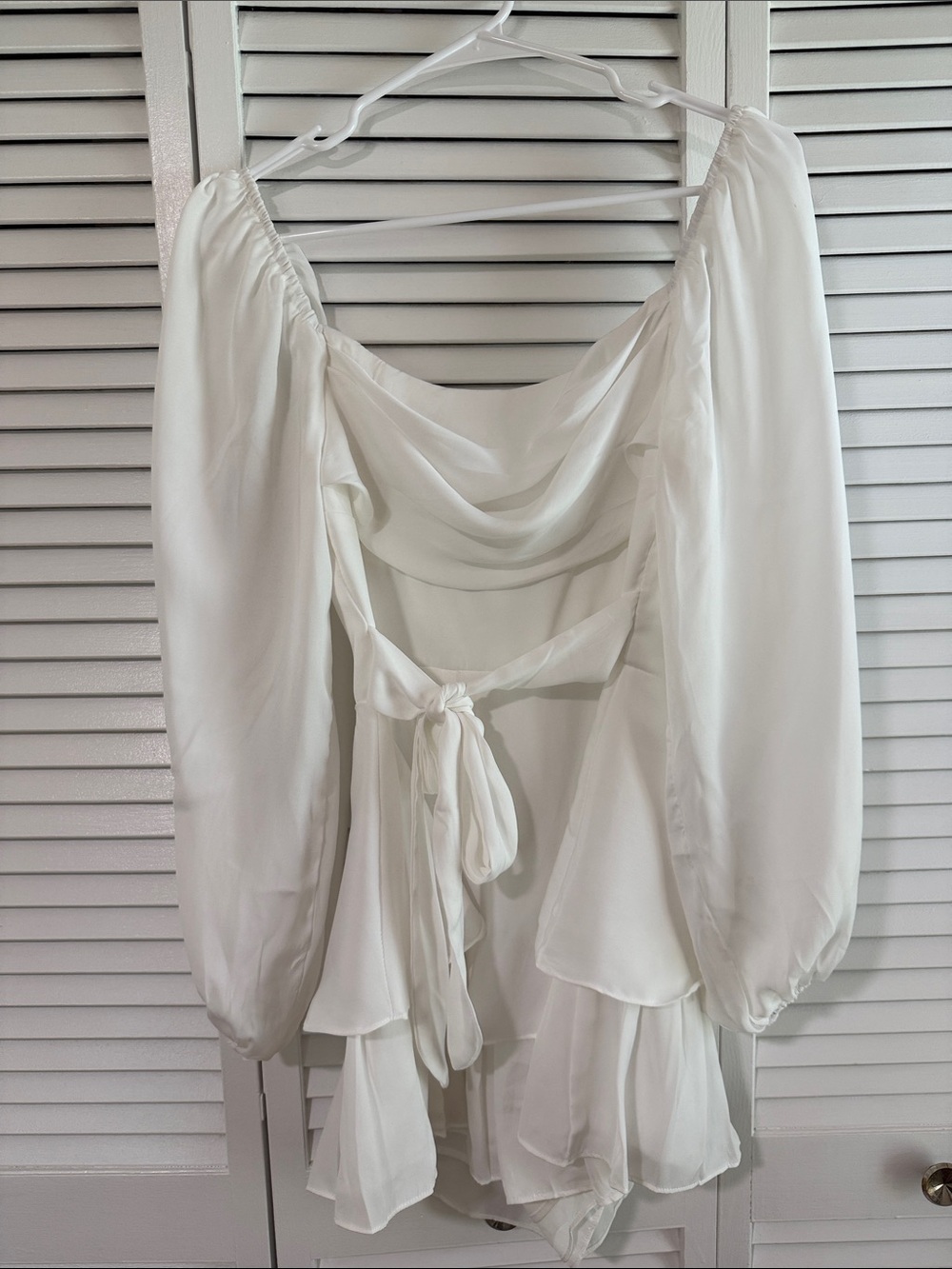 White Long Sleeve Mini Dress with Tie